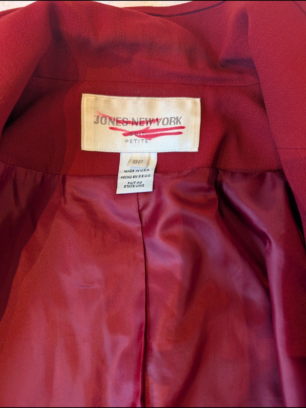 Vintage Jones New York 100% Pure Wool Blazer Red Burgundy Mandarin Collar 8P - Picture 5 of 8